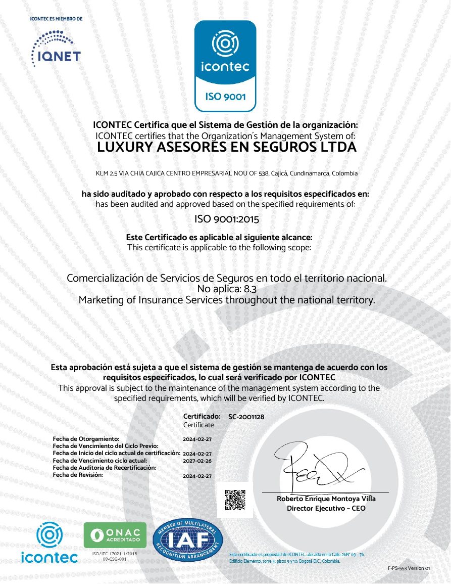 Certificado ICONTEC ISO 9001:2015 de Luxury Asesores en Seguros